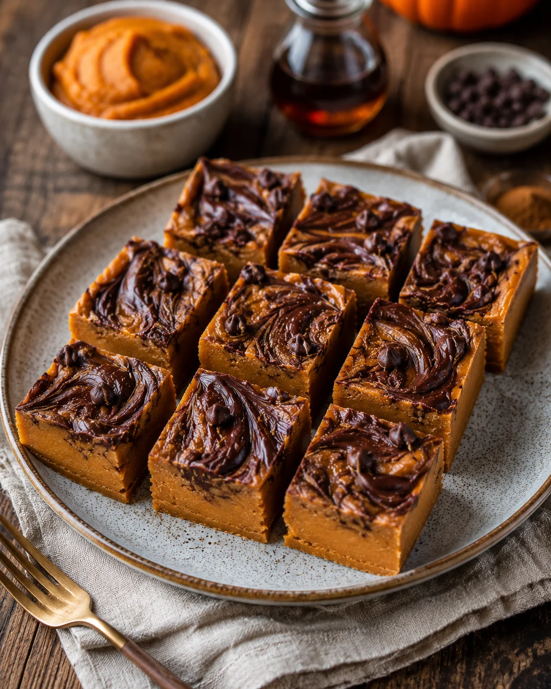 Creamy vegan pumpkin fudge topped with a rich chocolate swirl on a white plate.