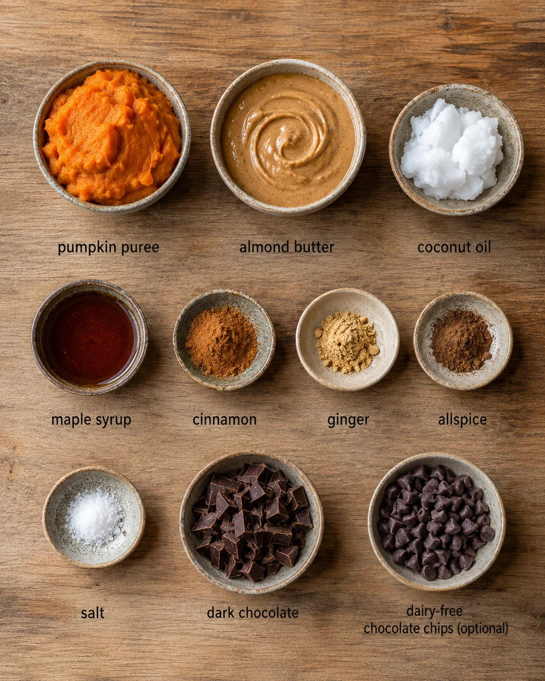 Ingredients for vegan pumpkin fudge with chocolate swirl, including pumpkin puree, nut butter, and chocolate