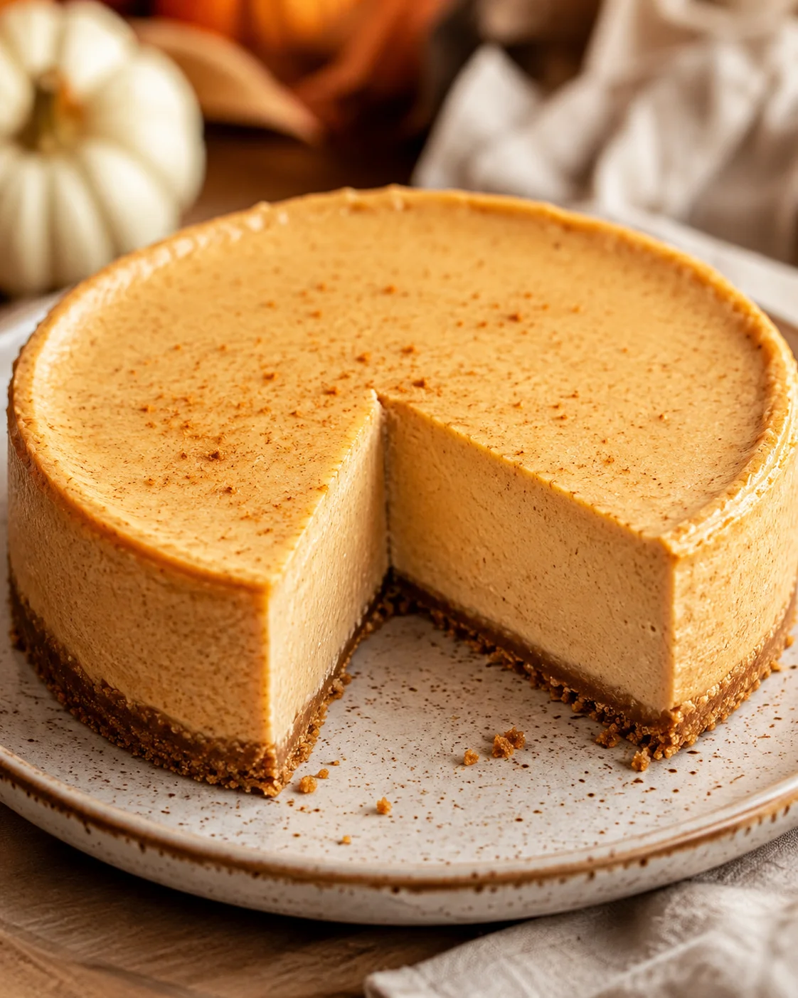 Creamy pumpkin cheesecake topped with a graham cracker crust and spices.
