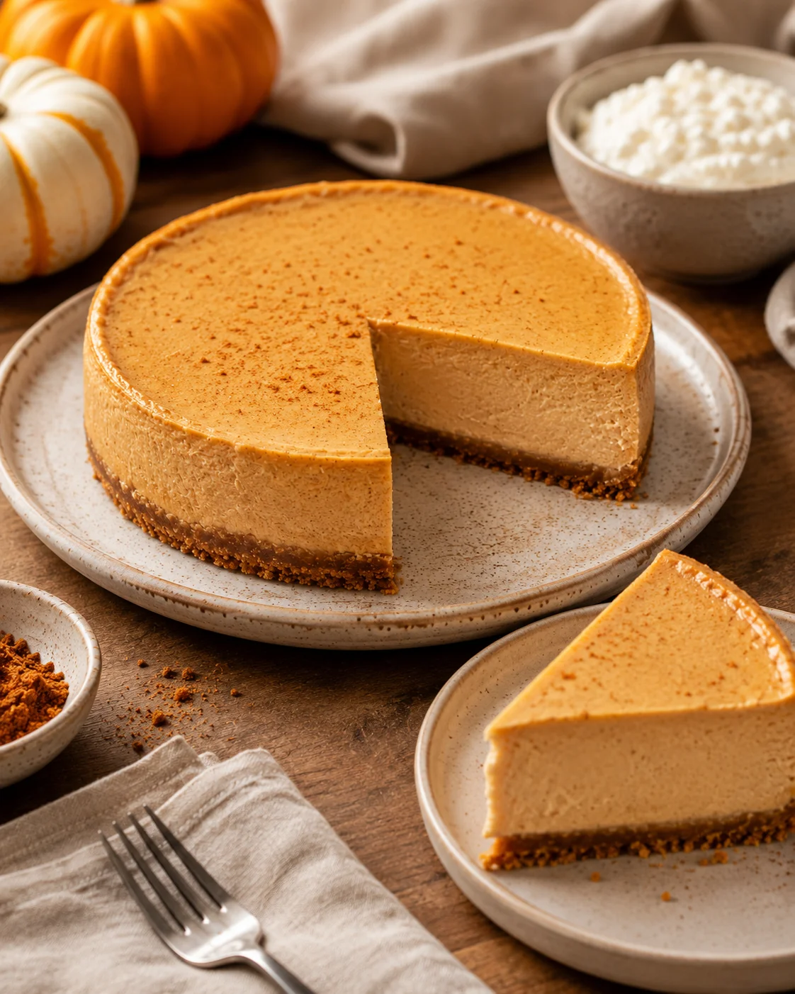 Creamy pumpkin cottage cheese cheesecake with graham crust and fall decor