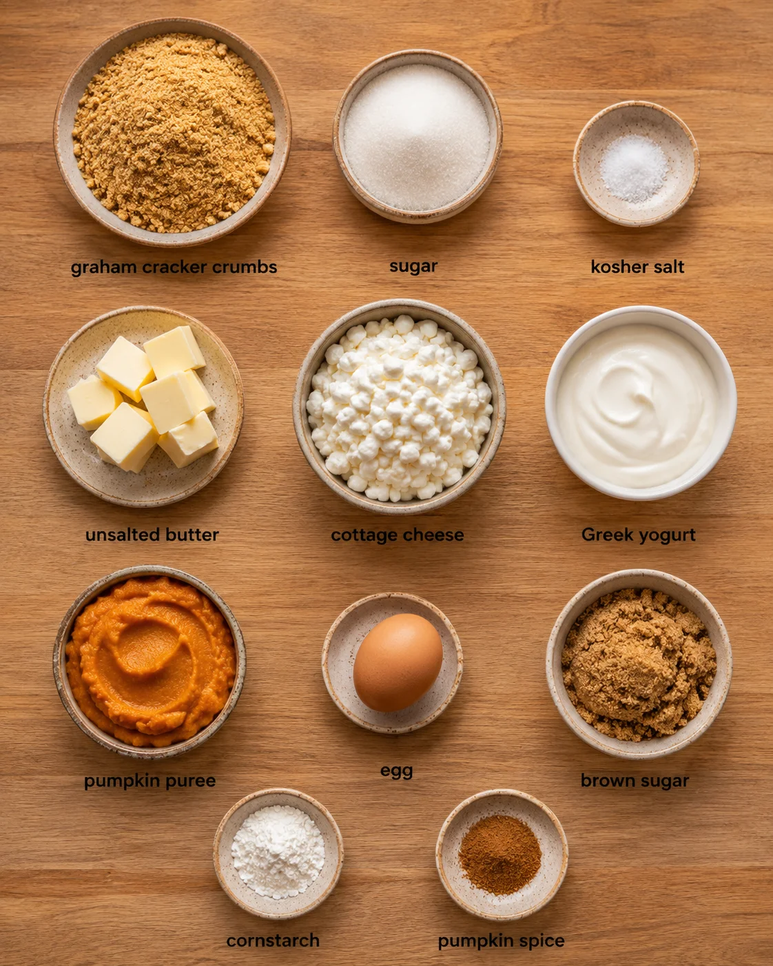 Ingredients for pumpkin cottage cheese cheesecake arranged on a wooden surface