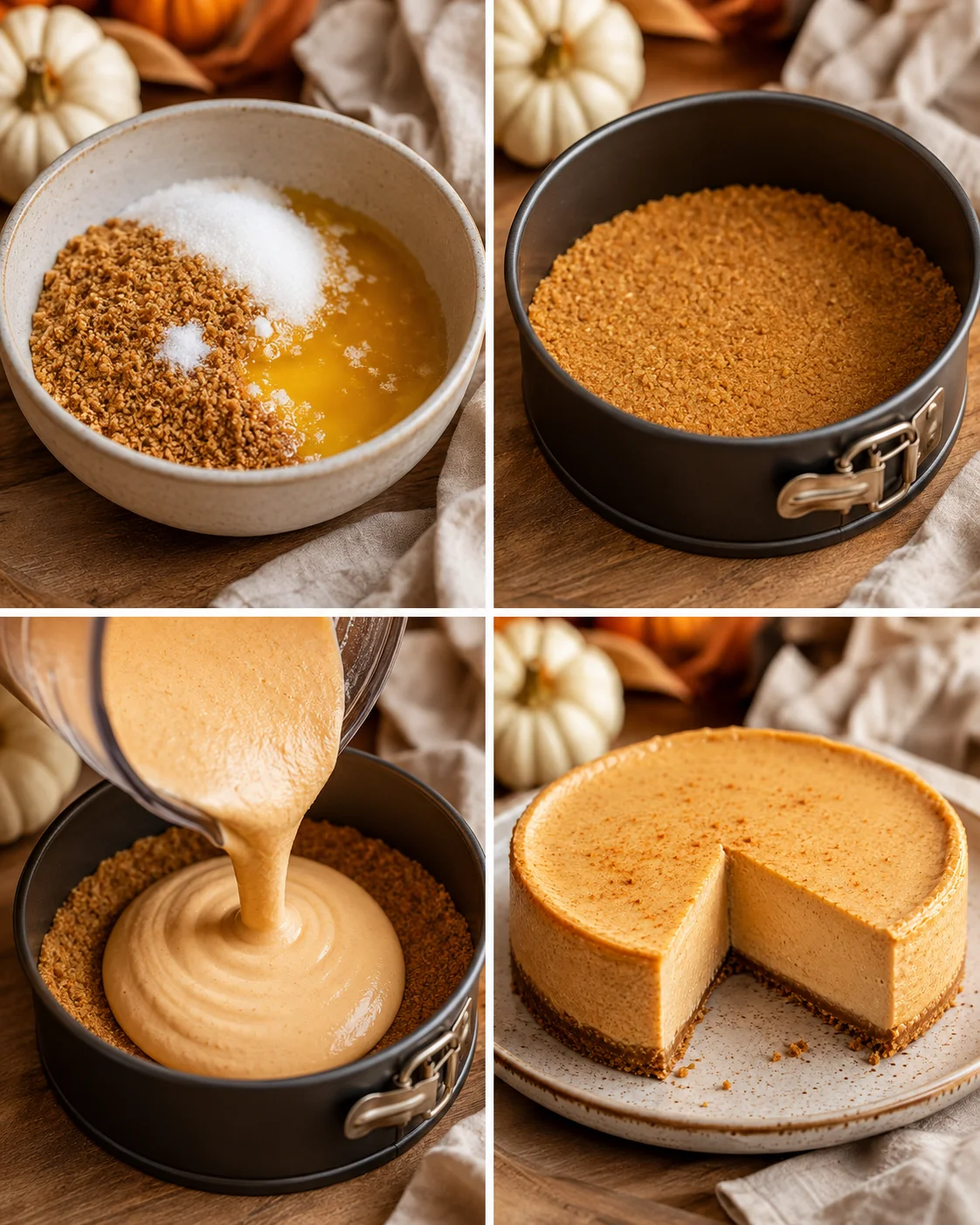 Step-by-step images of making pumpkin cottage cheese cheesecake with crust and filling