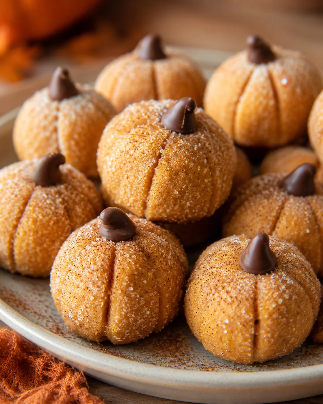 Adorable no-bake pumpkin cheesecake truffles shaped like tiny pumpkins with chocolate stems.