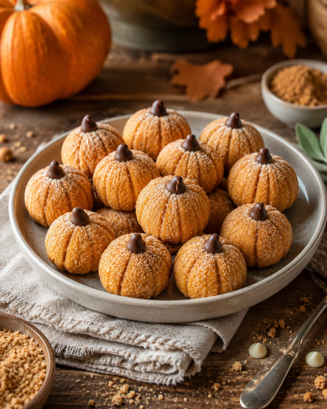 Decorative pumpkin-shaped no-bake pumpkin cheesecake truffles on a white plate