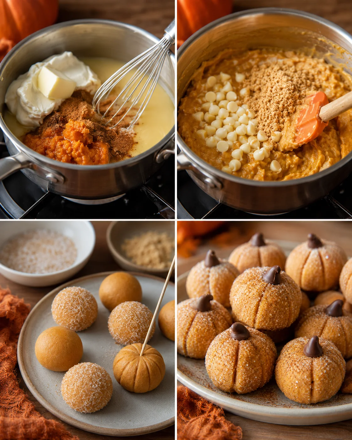 No-bake pumpkin cheesecake truffles shaped like tiny pumpkins for fall treats.