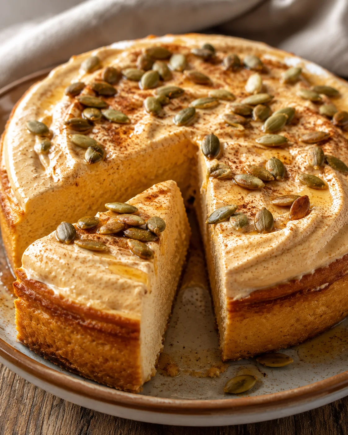 Delicious pumpkin cheesecake topped with toasted pumpkin seeds and pumpkin spice