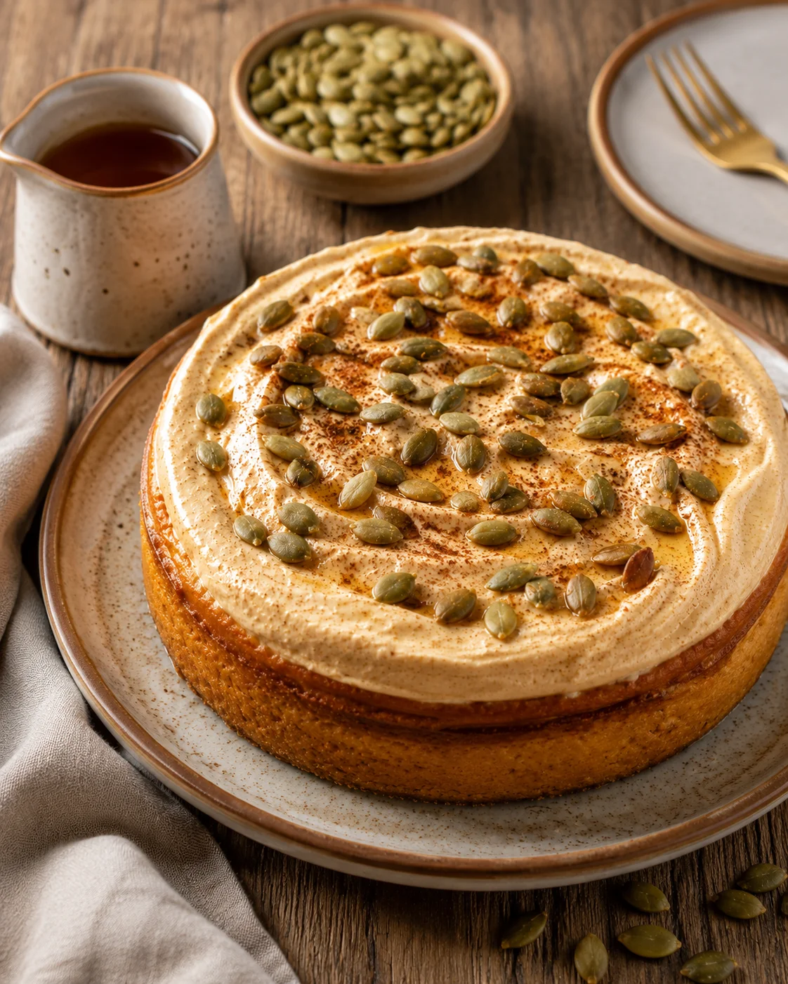 Delicious creamy pumpkin cheesecake topped with crunchy pumpkin seeds on a rustic table.