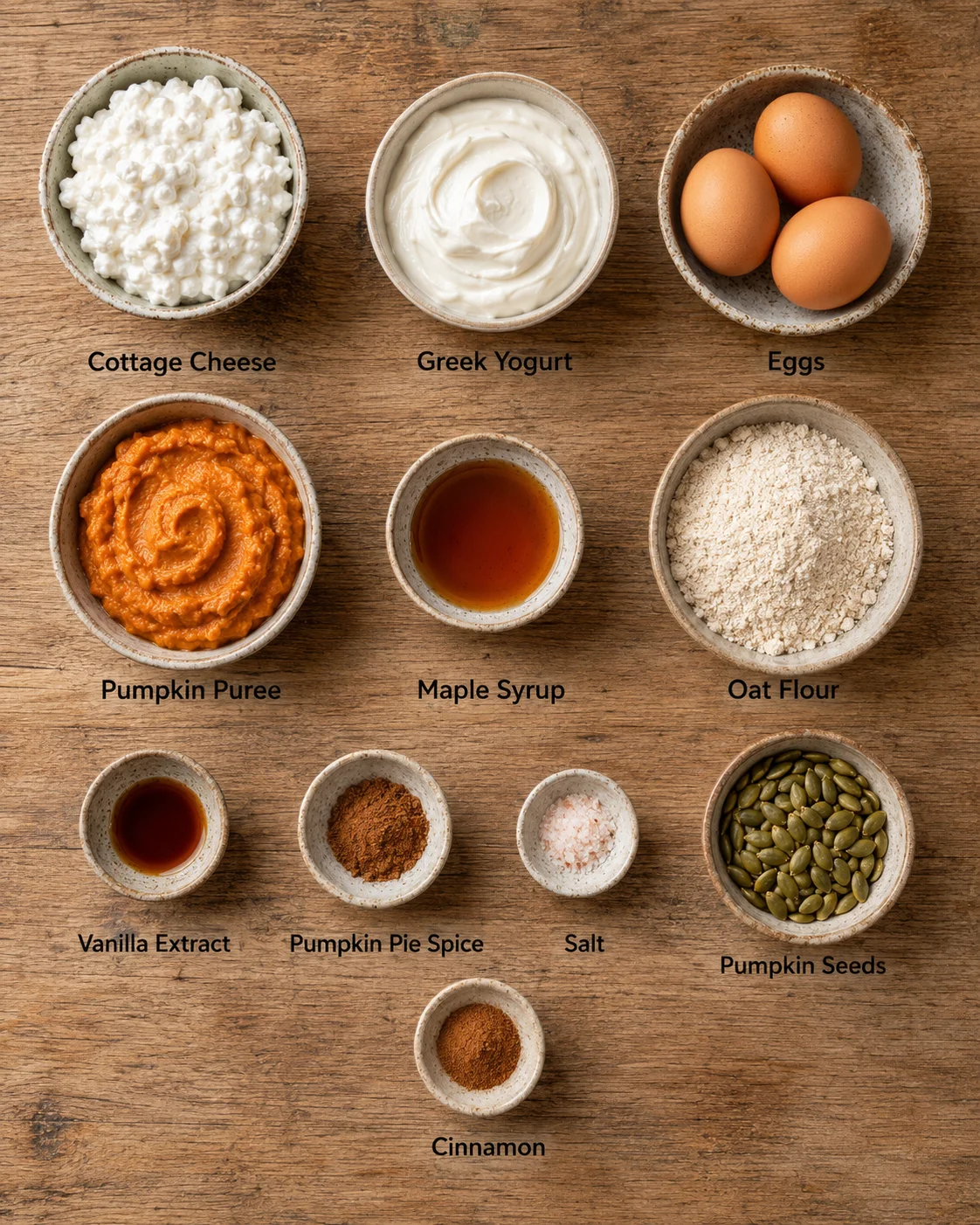 Ingredients for creamy high-protein pumpkin cheesecake on a wooden table.