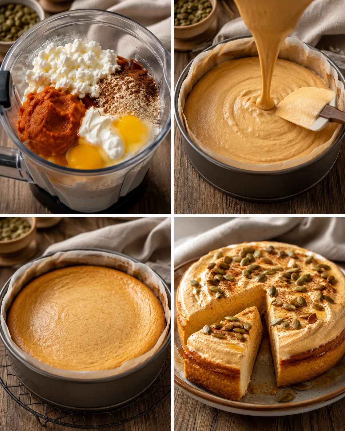 Creamy pumpkin cheesecake with toasted pumpkin seeds and spiced frosting.