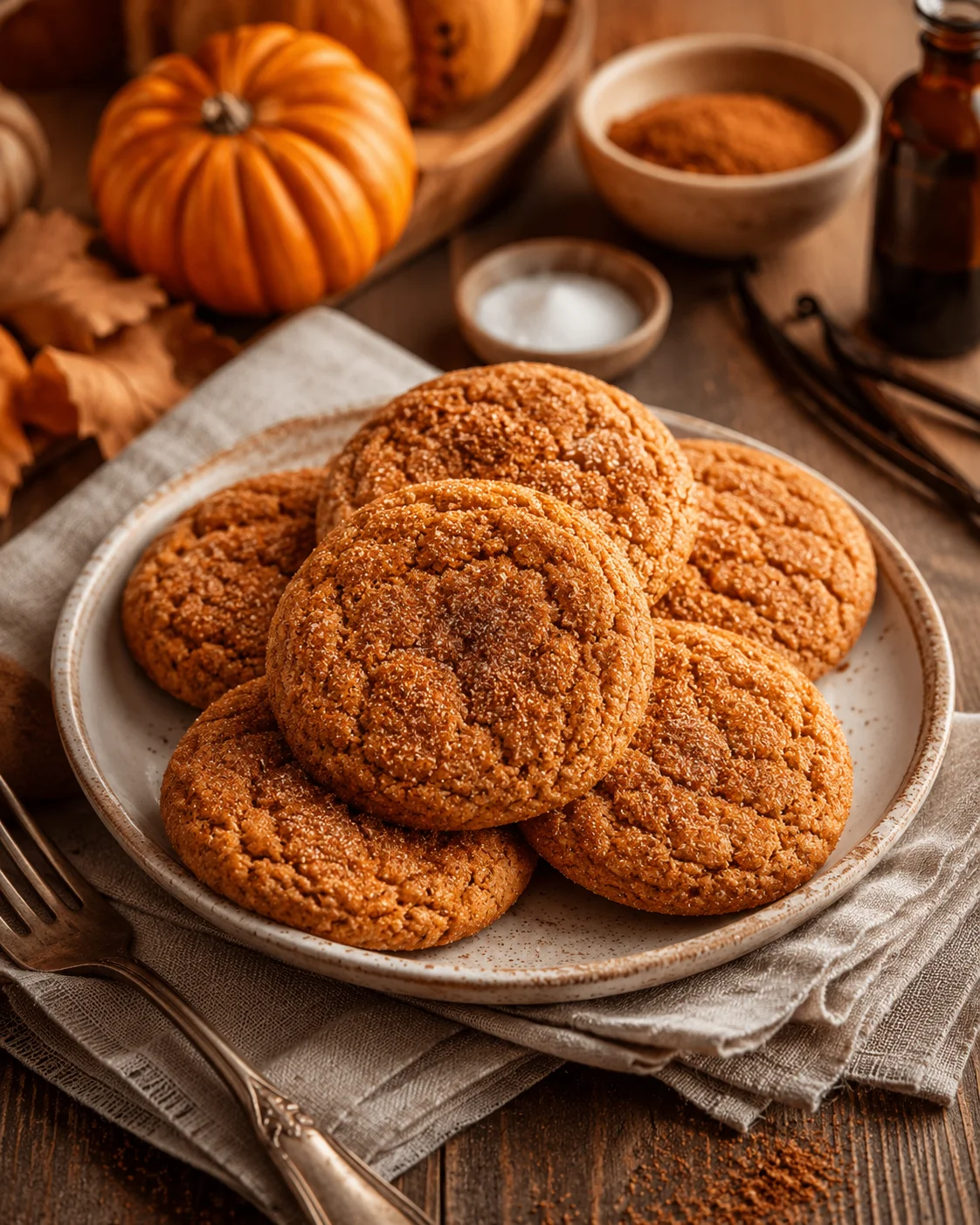 Chewy Pumpkin Snickerdoodle Cookies Deliciously chewy pumpkin snickerdoodle cookies with cinnamon sugar coating on a rustic plate