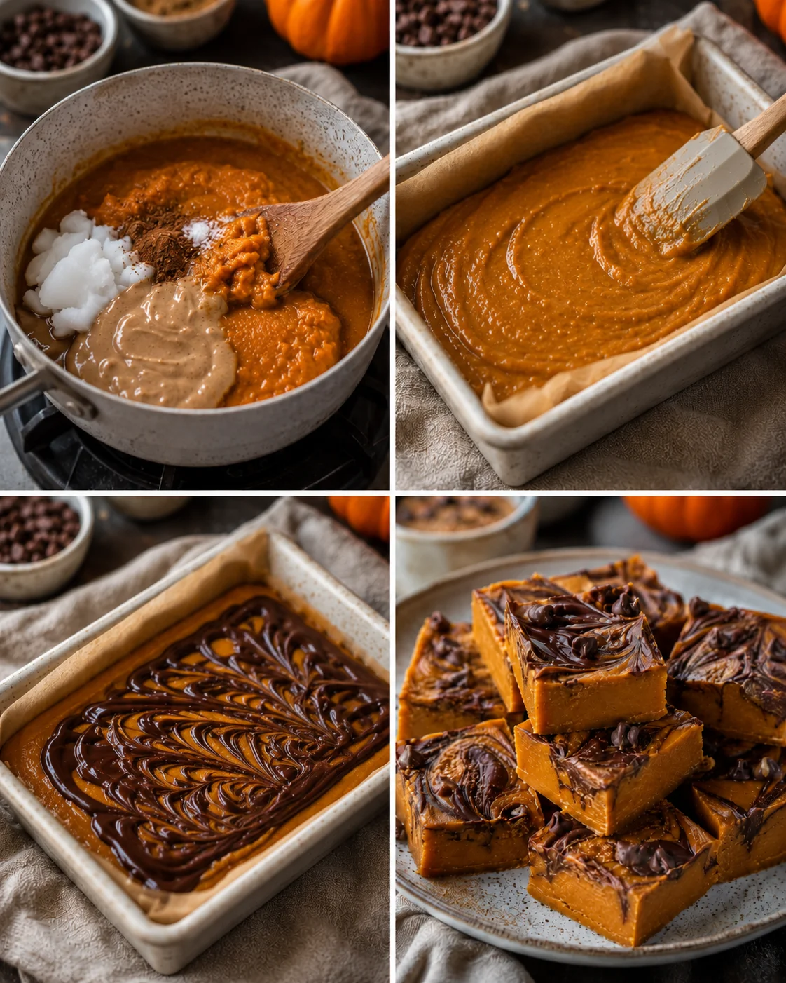 Vegan Pumpkin Fudge With Chocolate Swirl Creamy vegan pumpkin fudge topped with rich chocolate swirl in a baking dish.