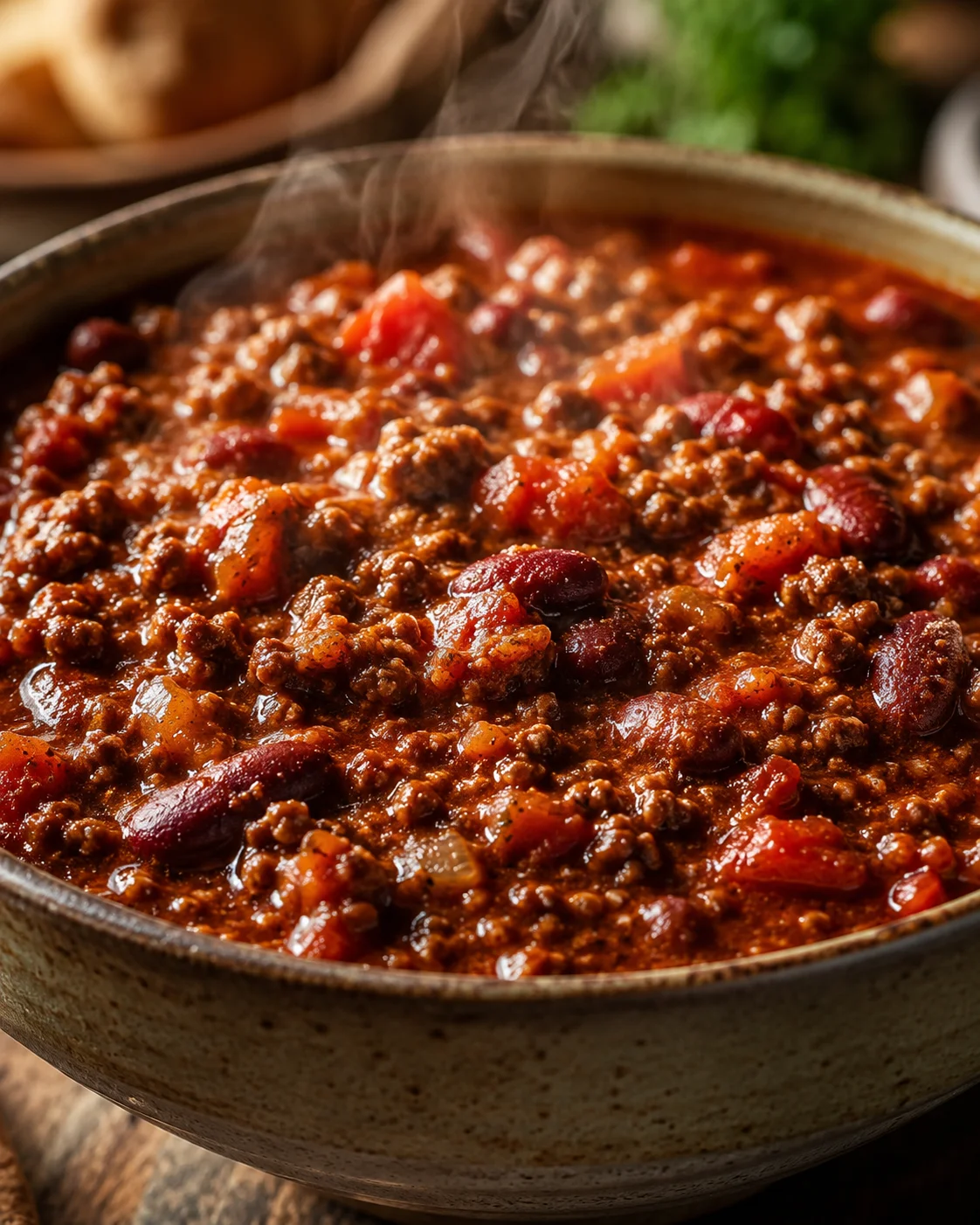 Hearty homemade chili with ground beef, beans, and spices steaming hot in a bowl.