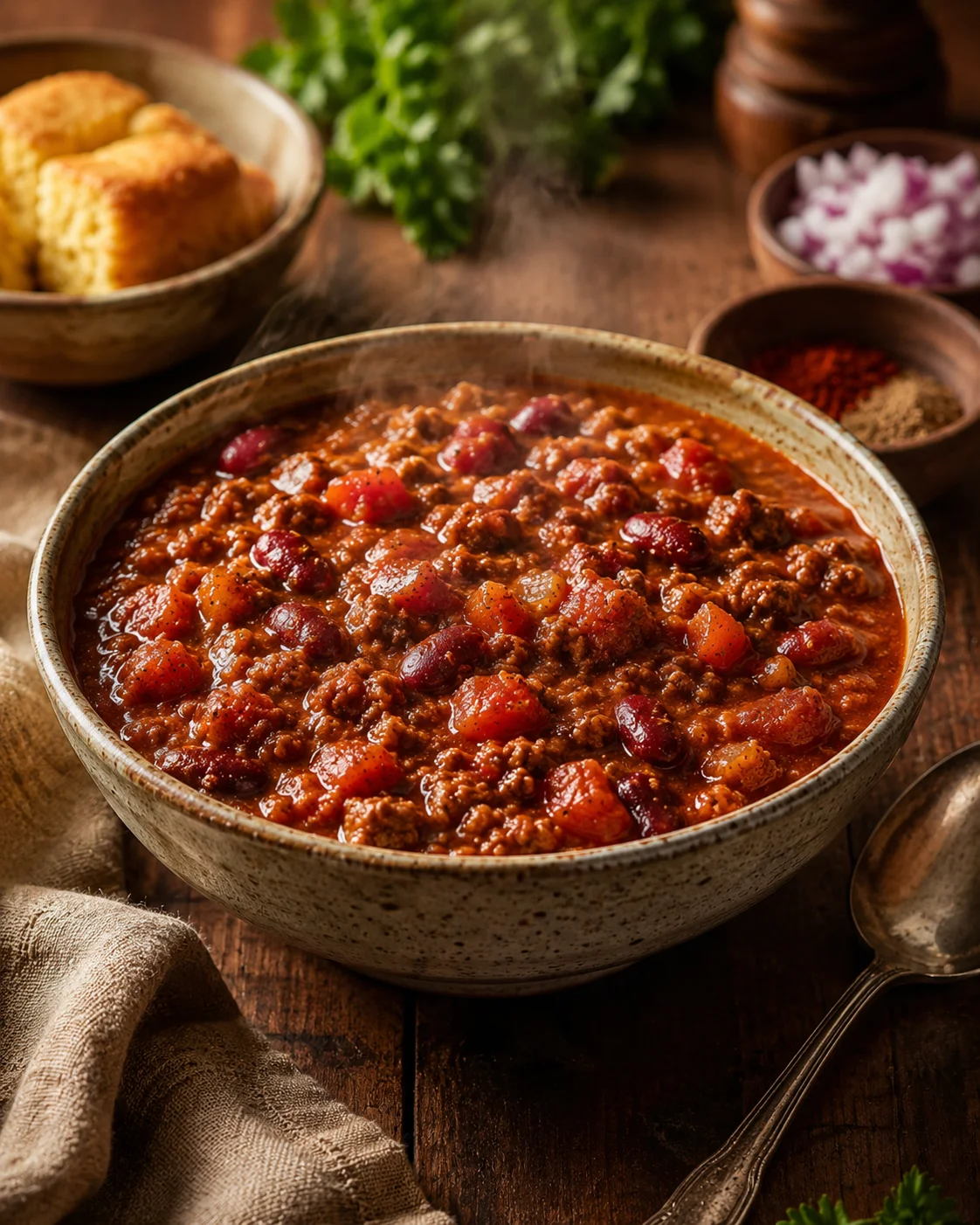 A steaming bowl of homemade chili with beans and ground meat on a rustic wooden table