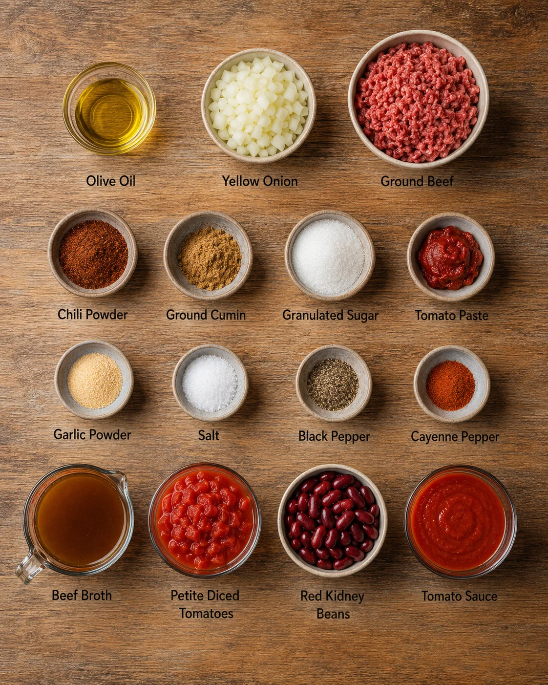 Assorted bowls of chili ingredients, including beef, beans, spices, and vegetables on a wooden surface.
