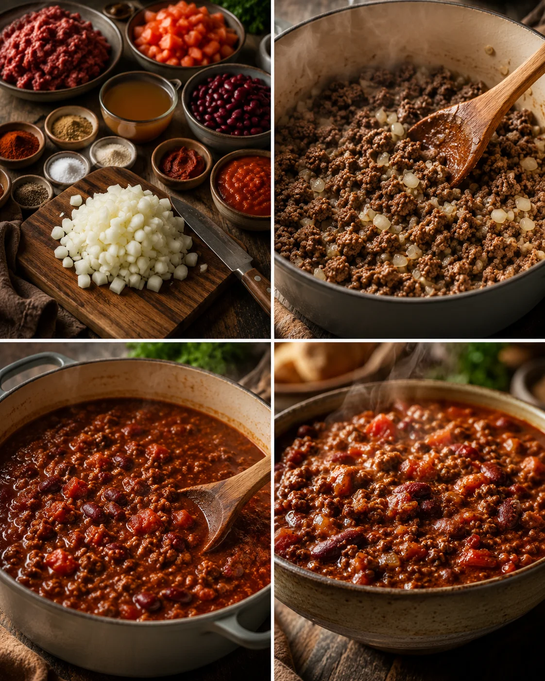 Step-by-step images of preparing and cooking a hearty classic chili.