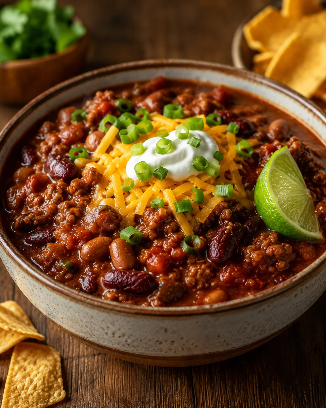Delicious bowl of hearty chili topped with cheese, sour cream, and green onions.