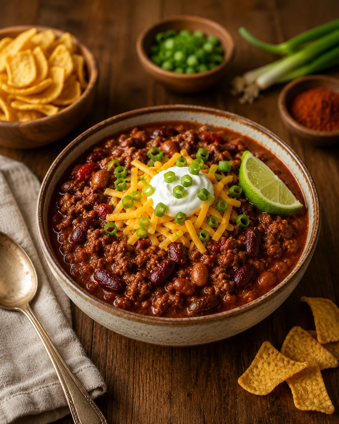 The Pioneer Woman Chili Recipe 25 Hearty chili topped with cheese, green onions, and lime in a rustic bowl.