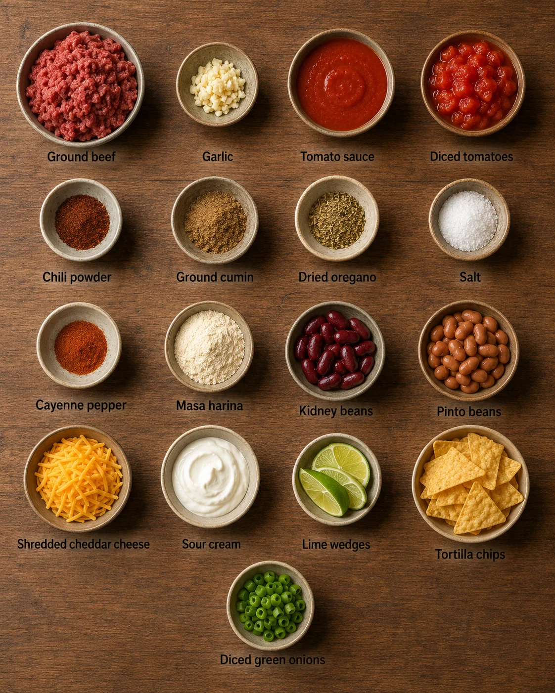 Ingredients for Pioneer Woman Chili including ground beef, beans, and spices arranged on a wooden surface.