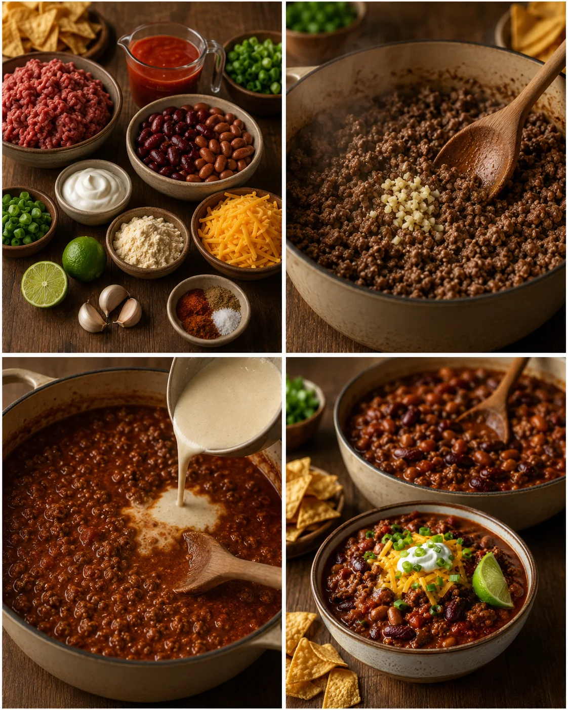 Hearty chili with ground beef, beans, and spices in a rustic bowl.