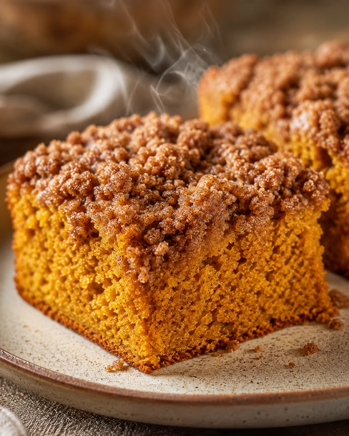 Close-up of moist pumpkin coffee cake with cinnamon crumble topping on a plate