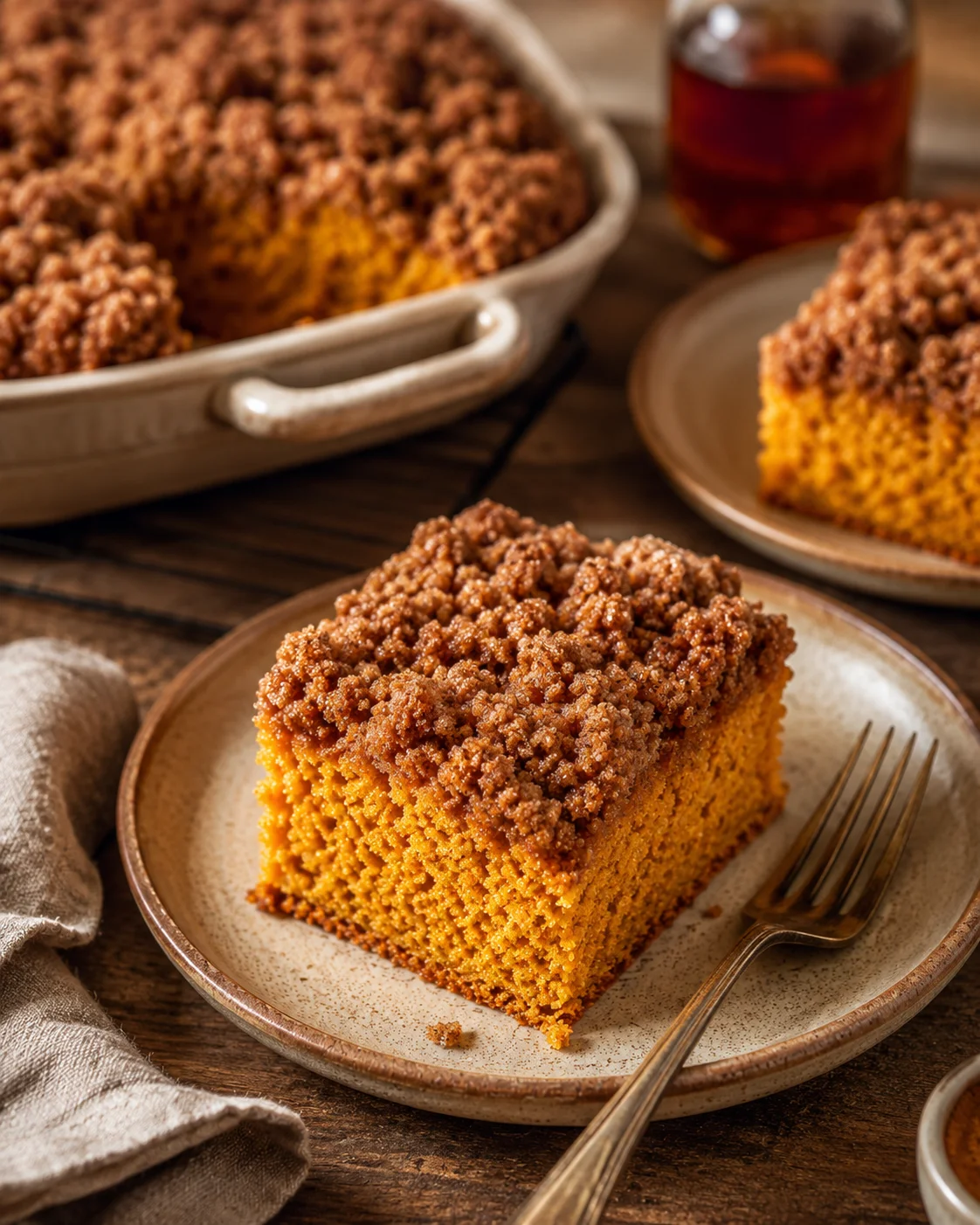A moist pumpkin coffee cake with cinnamon crumb topping on a rustic plate