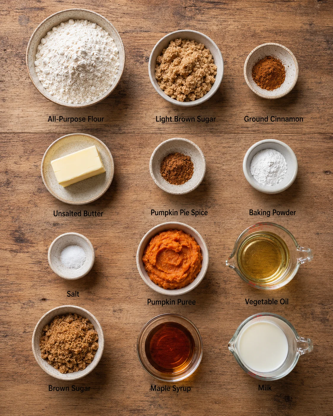 Measured ingredients arranged for Pumpkin Coffee Cake - jesslovescooking: 1/4 cup all-purpose flour, 1/4 cup packed light brown sugar, 1 tbsp ground cinnamon, 4 tbsp unsalted cold butter (that’s 1/4 cup), 2 cups all-purp