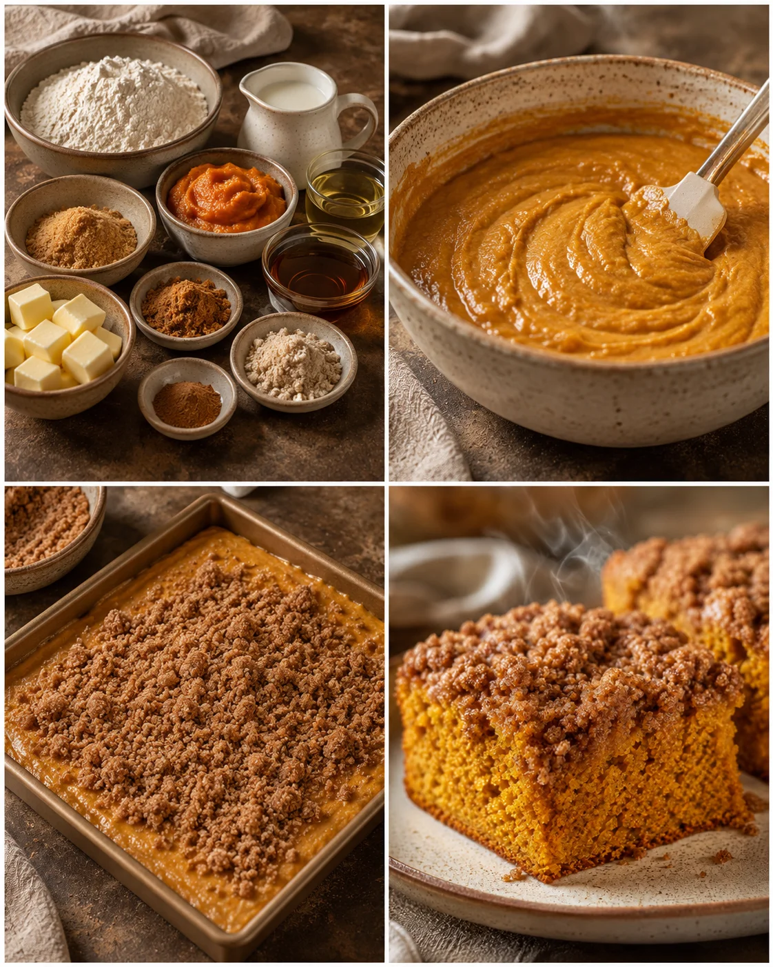 Step-by-step images of making moist pumpkin coffee cake with crumb topping.