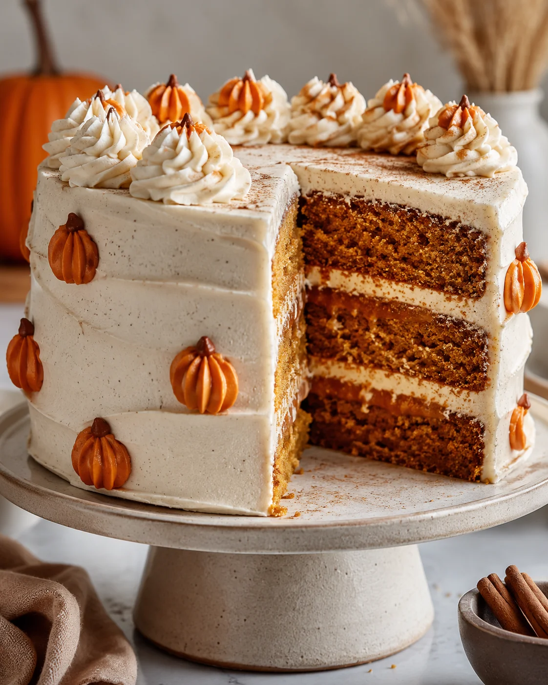 Delicious vegan pumpkin spice cake with cream cheese frosting and mini pumpkins.