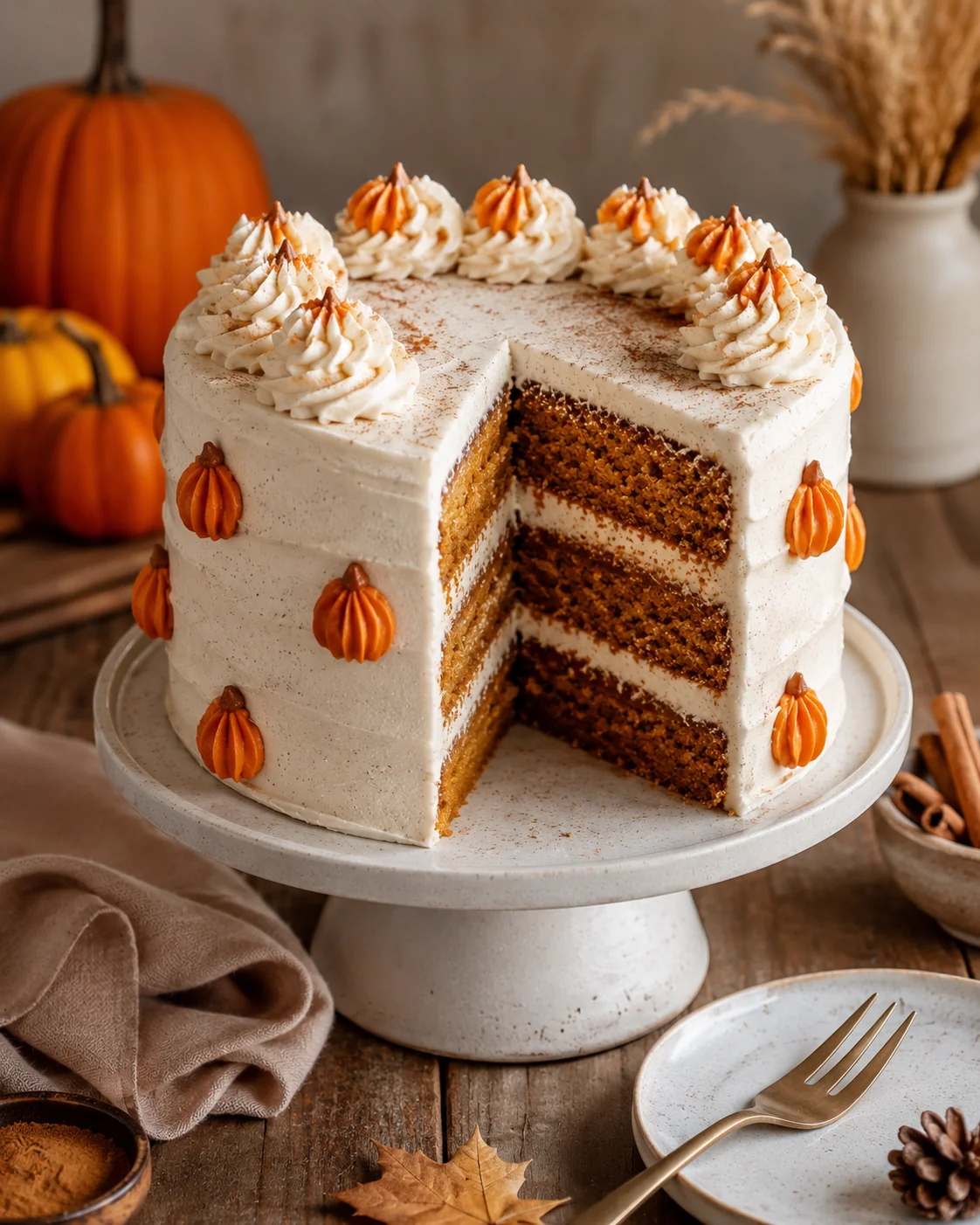 A beautifully decorated vegan pumpkin spice cake with cream cheese frosting and mini pumpkins on top.