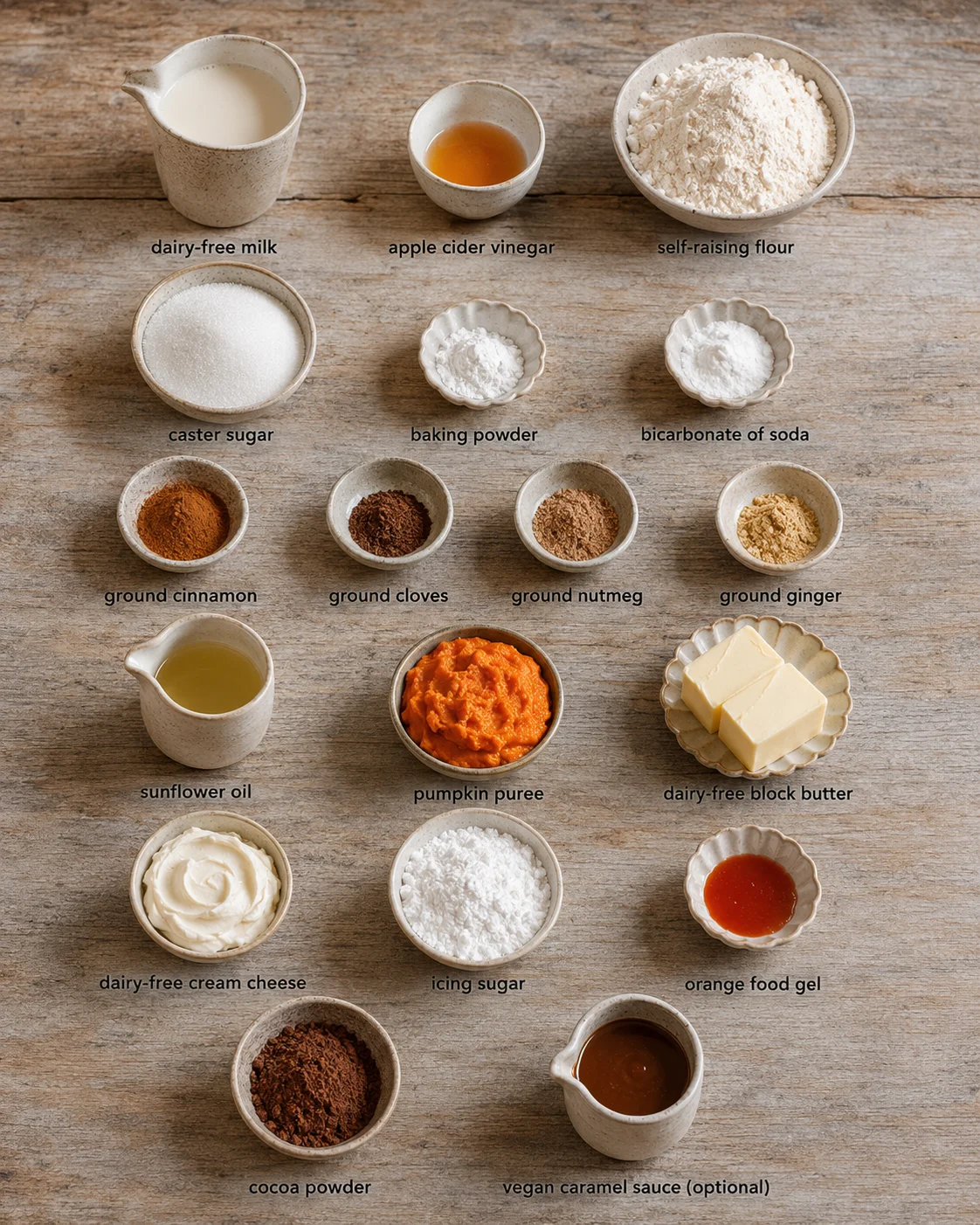 Ingredients for vegan pumpkin spice cake with frosting and pumpkin decorations.