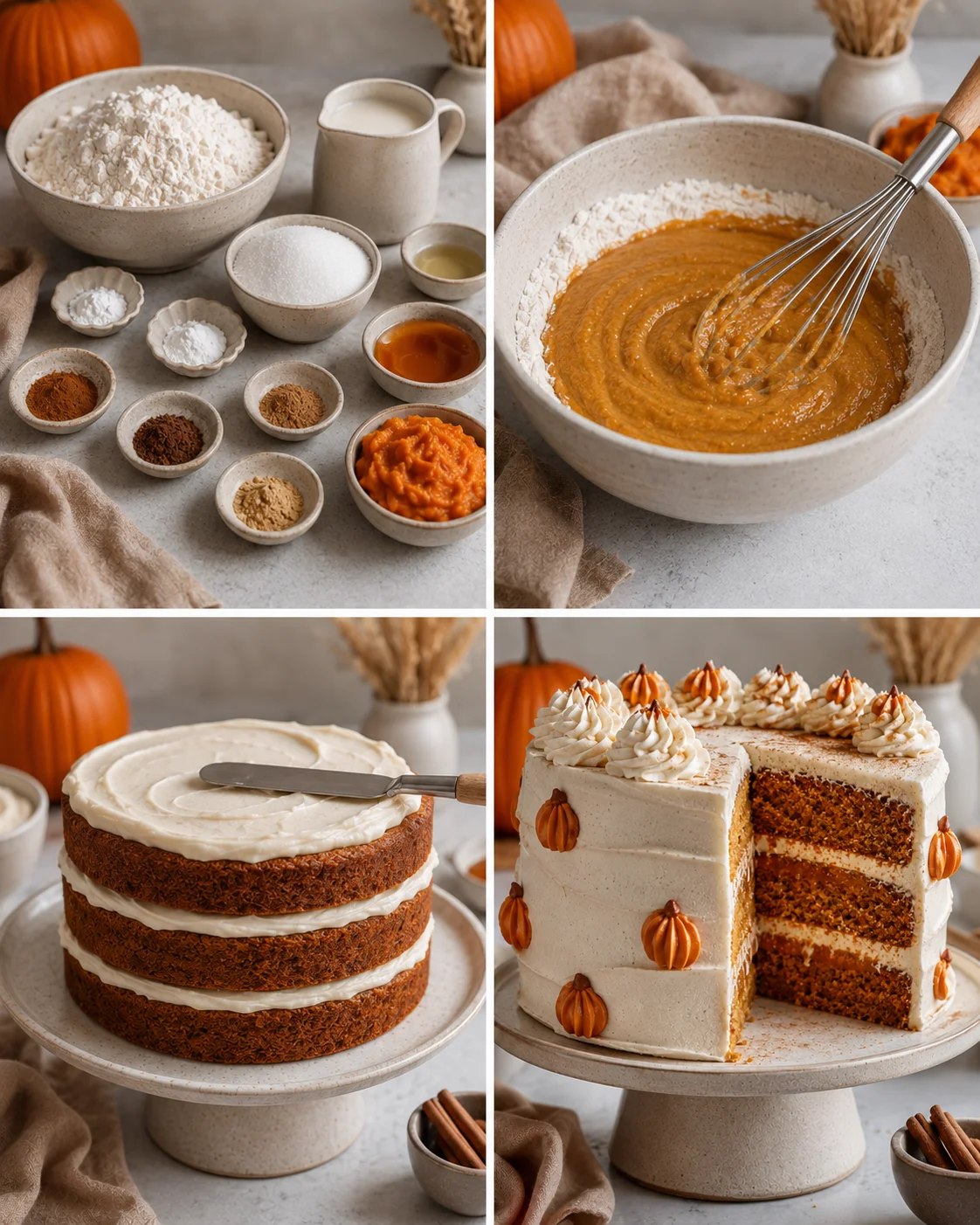 Decorative image of ingredients and layers of vegan pumpkin spice cake with frosting.