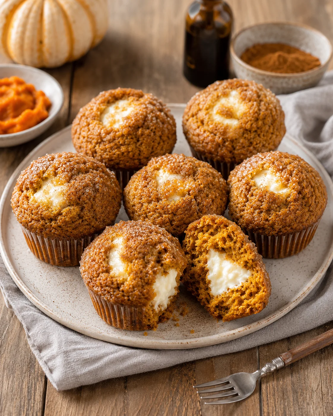 Delicious tall pumpkin muffins with a cream cheese center and warm spices