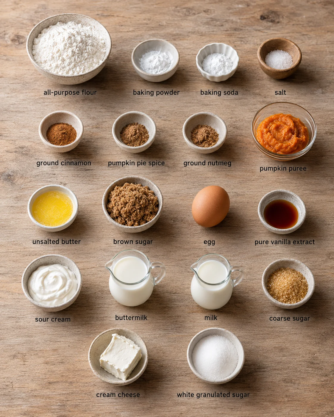 Ingredients for pumpkin cream cheese muffins arranged on a wooden surface.