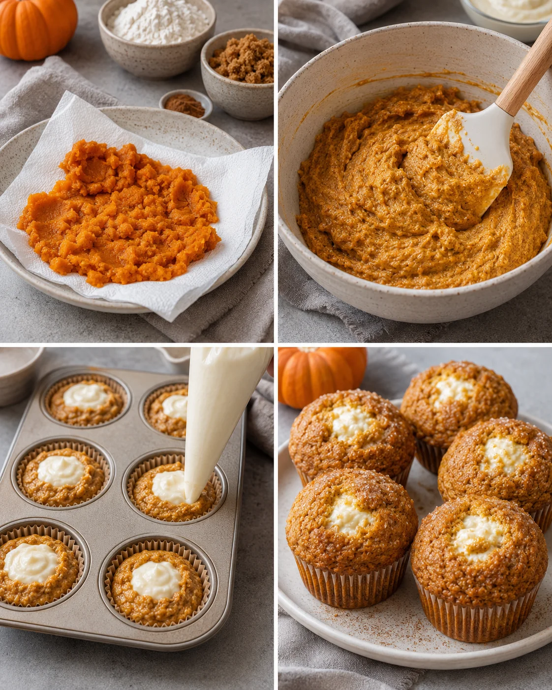 Photos showing pumpkin mash, batter, filling, and baked muffins with cream cheese centers