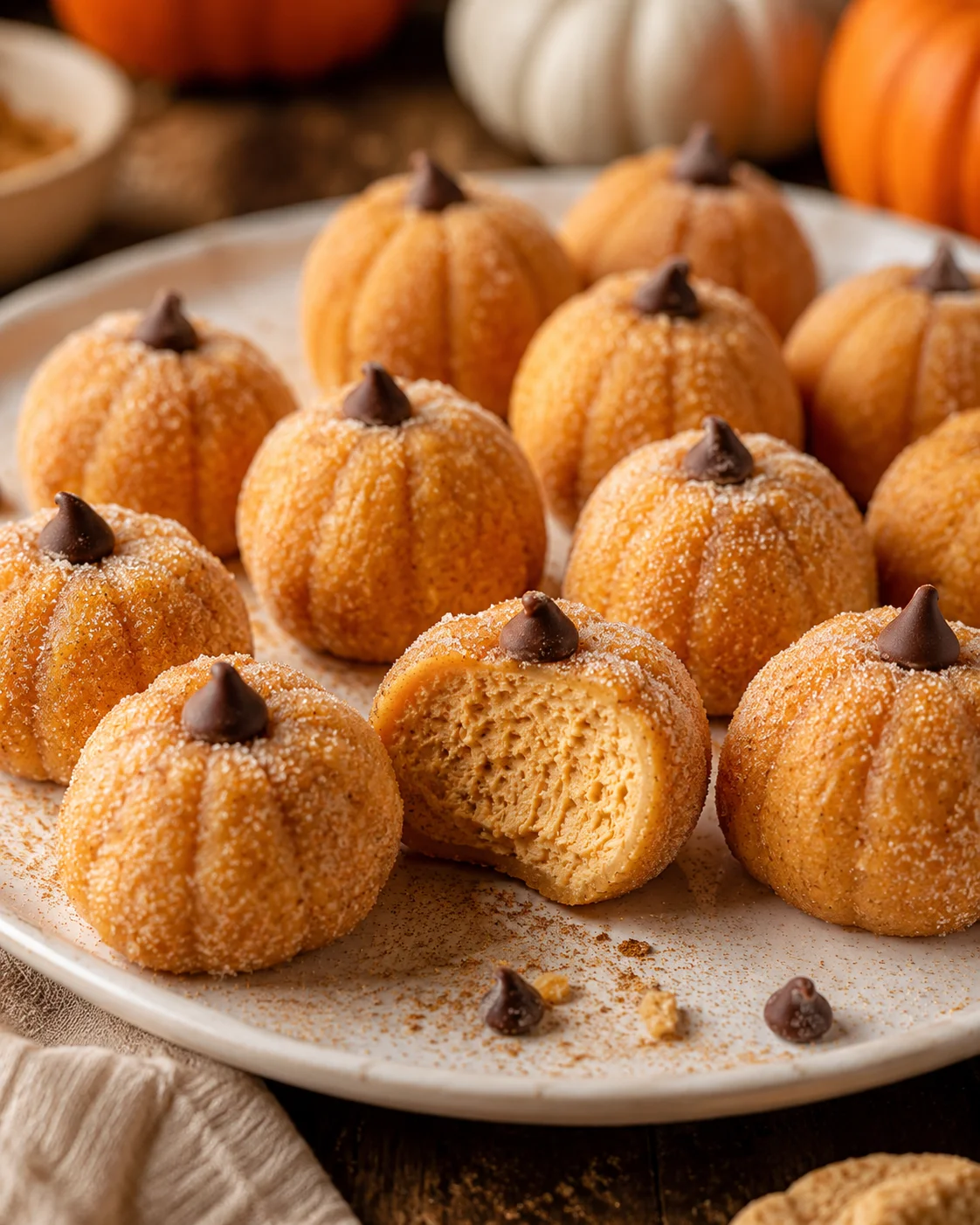Close-up of pumpkin cheesecake truffles topped with chocolate chips on a white plate.
