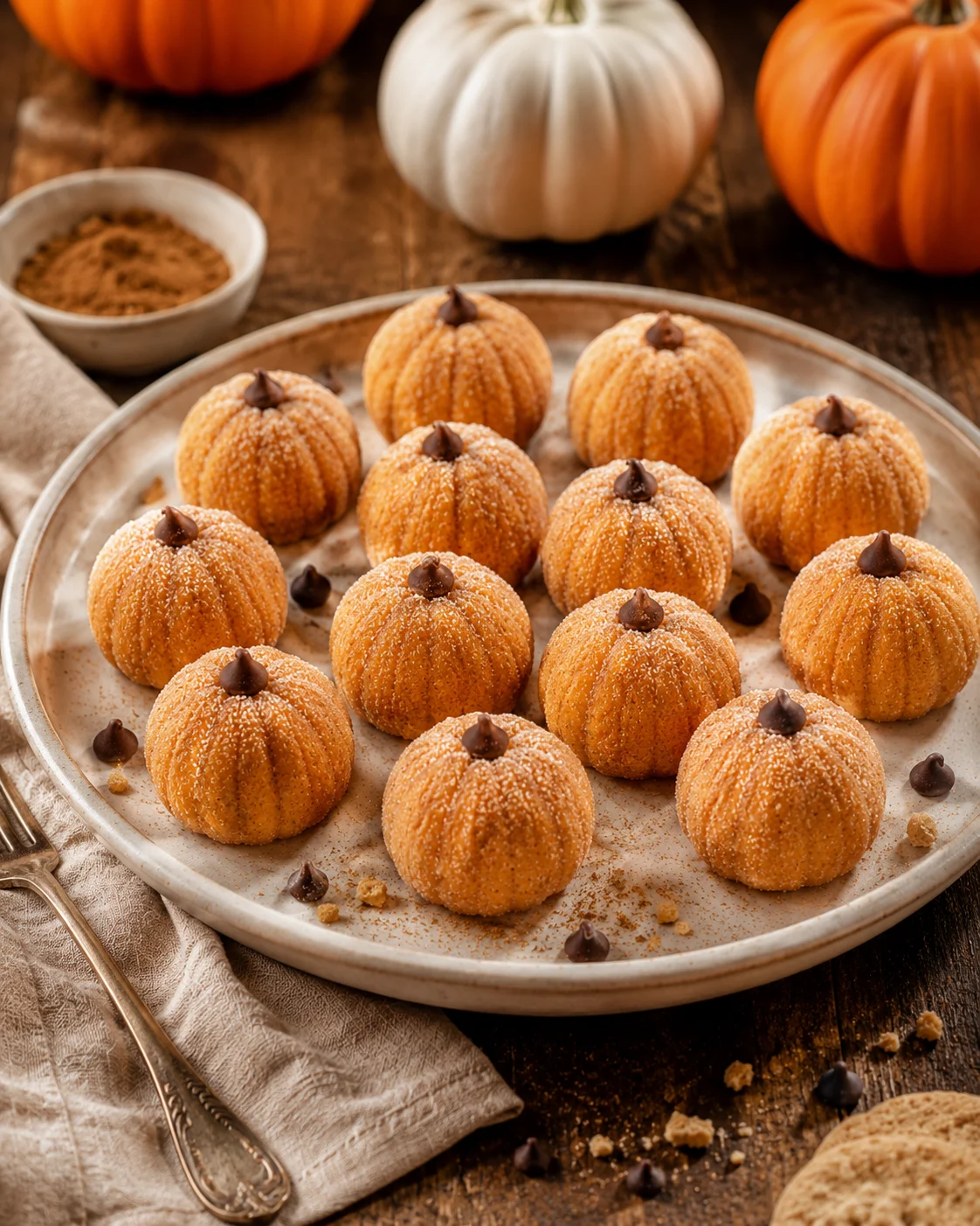 Bite-sized pumpkin cheesecake truffles with chocolate stems, perfect for fall treats.