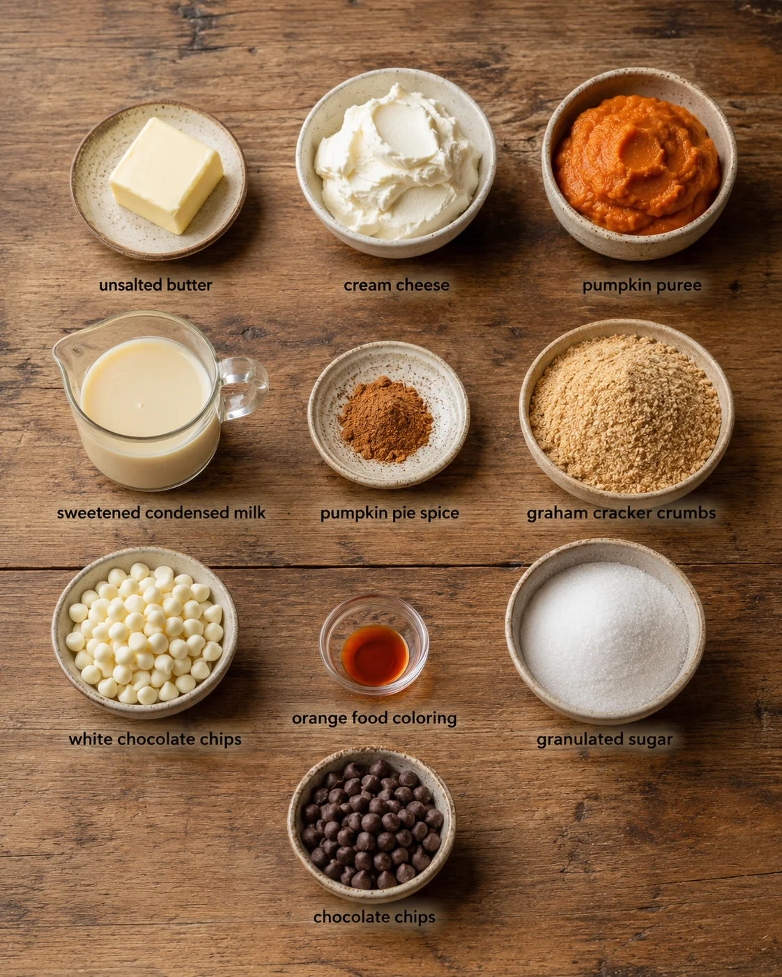 Assorted ingredients for pumpkin cheesecake truffles displayed on a wooden surface.