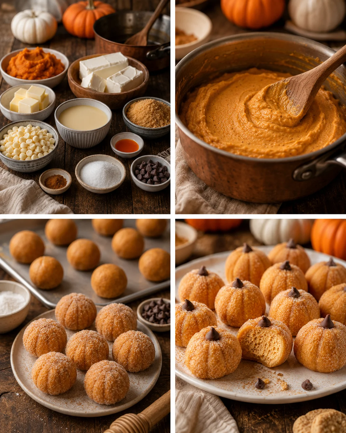 Close-up of pumpkin cheesecake truffles with chocolate chips on top, surrounded by pumpkins.