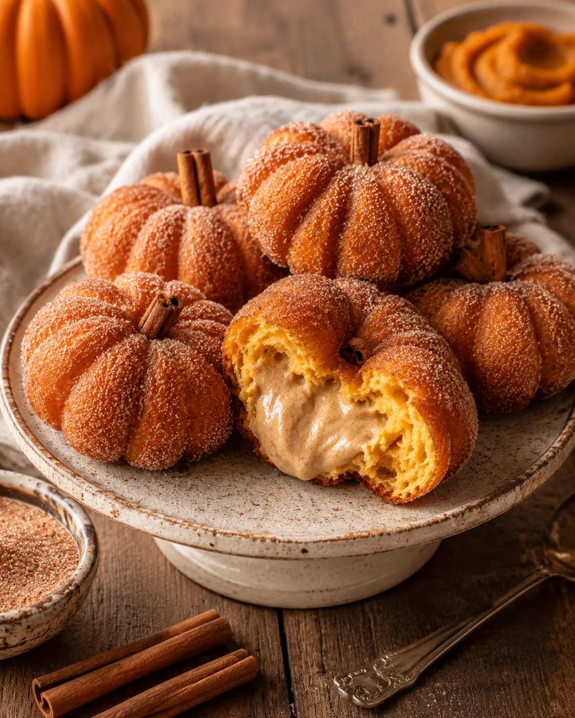 Close-up of pumpkin-shaped donuts with cinnamon sugar coating and filling