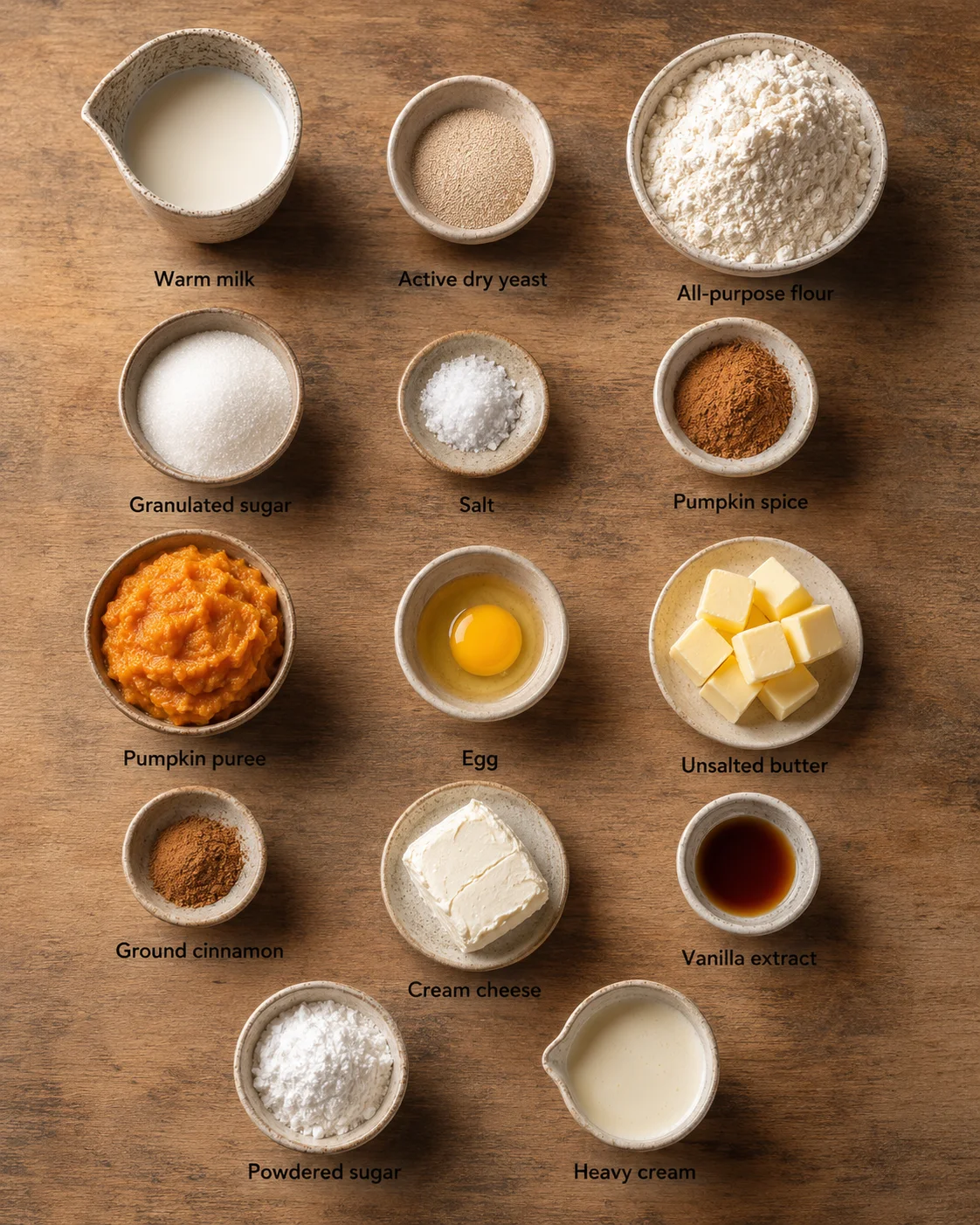 Measured ingredients arranged for Pumpkin Donuts | Two Plaid Aprons: ½ cup milk warm (between 95-105°F), 1½ teaspoons active dry yeast, 3¼ cup all-purpose flour fluffed, spooned, and leveled *see notes*, ⅓ cup granulated