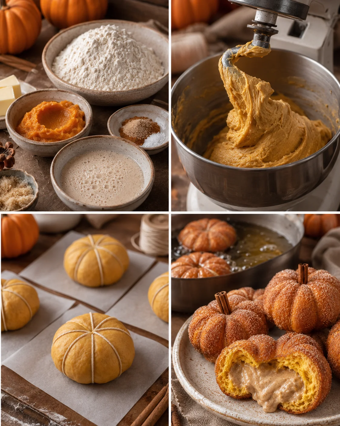 Freshly made pumpkin donuts shaped like pumpkins, coated with cinnamon sugar, ready to serve.