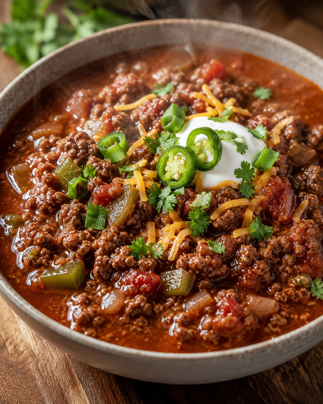 A hearty bowl of beef chili topped with sour cream, green onions, and cilantro.