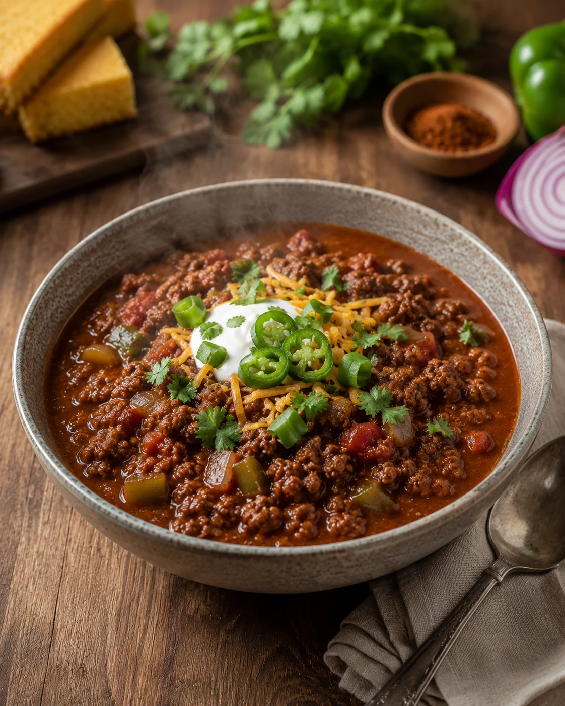 A bowl of rich beef chili topped with green onions and cheese.