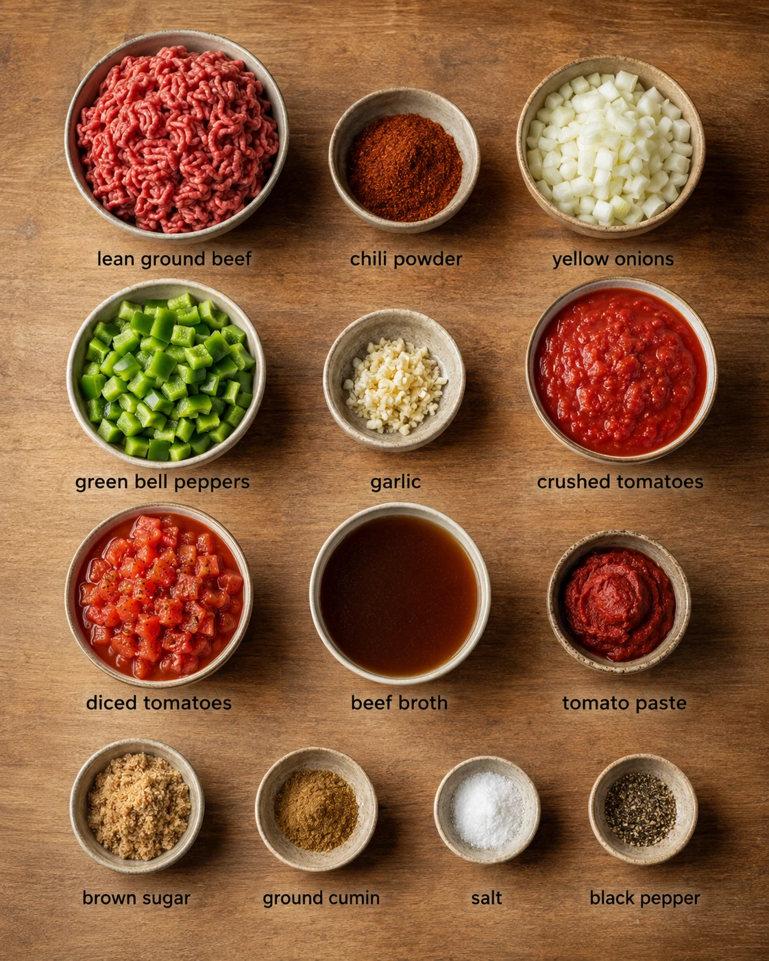 Preparation ingredients for hearty beef chili including ground beef, peppers, and spices.