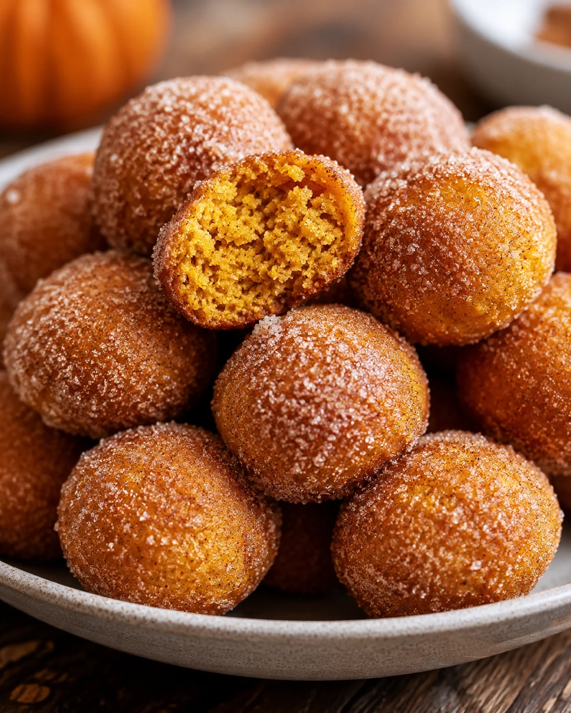 Baked Pumpkin Donut Holes Collection of freshly baked pumpkin donut holes coated in cinnamon sugar on a white plate.
