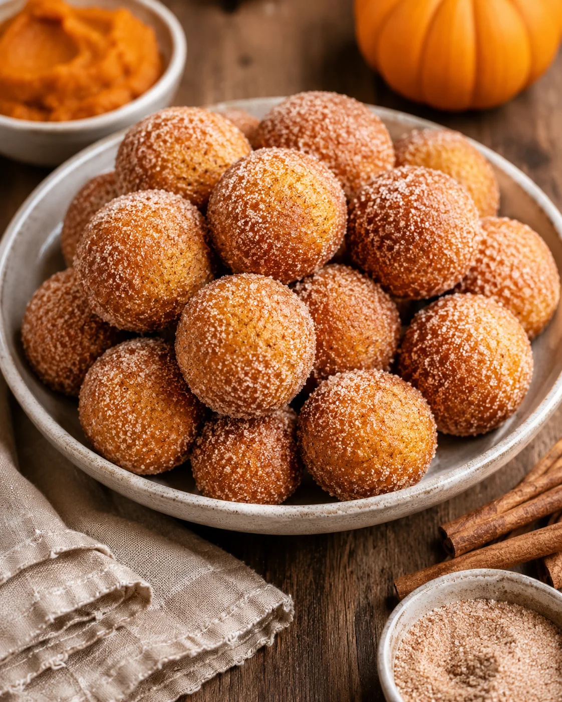 Plate of cinnamon-sugar-coated baked pumpkin donut holes with pumpkin and spices nearby