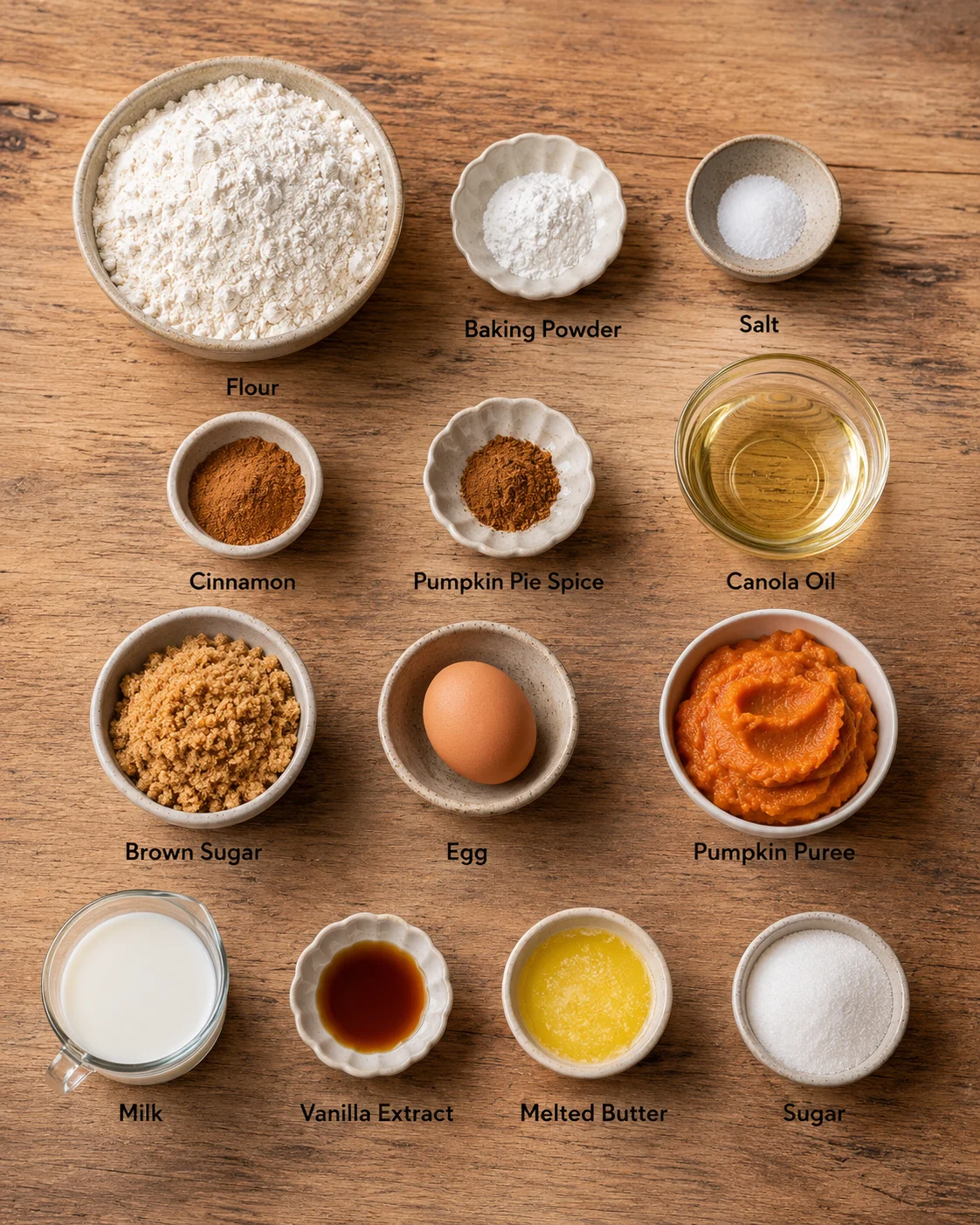 Measured ingredients arranged for Baked Pumpkin Donut Holes: 1 3/4 cups flour, 2 tsp. baking powder, 1/2 tsp. salt, 1 tsp. cinnamon, 1 tsp. pumpkin pie spice, 1/2 cup canola oil