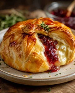 Round puff pastry loaf filled with melted cheese and cranberry sauce, glazed golden, garnished with thyme