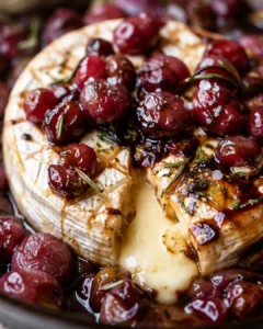round wheel of brie baked with cranberry glaze, surrounded by roasted grapes and rosemary