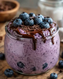 Creamy blueberry overnight oats topped with fresh blueberries and chocolate shavings